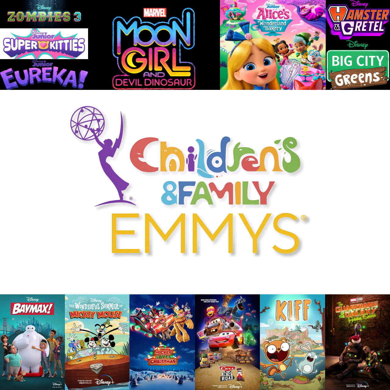 The Children's & Family Emmys logo surrounded by posters and logos from Zombies 3, Super Kitties, Eureka!, Moon Girl & Devil Dinosaur, Alice's Wonderland Bakery, Hamster & Gretel, Big City Greens, Cars on the Road, The Wonderful Summer of Mickey Mouse, Mickey Saves Christmas, Kiff, and The Guardians of the Galaxy Holiday.