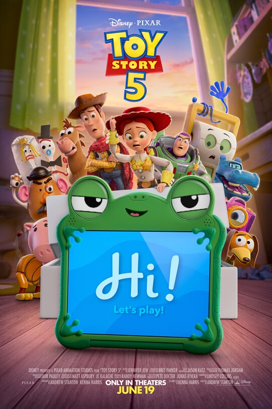 Toy Story 5 film poster - Character Lilypad, a green electronic tablet, displays “Hi! Let’s Play!” on a blue background. Other toy characters are behind Lilypad, with concerned expressions. Text at the bottom of the poster reads “ONLY IN THEATERS JUNE 19”.