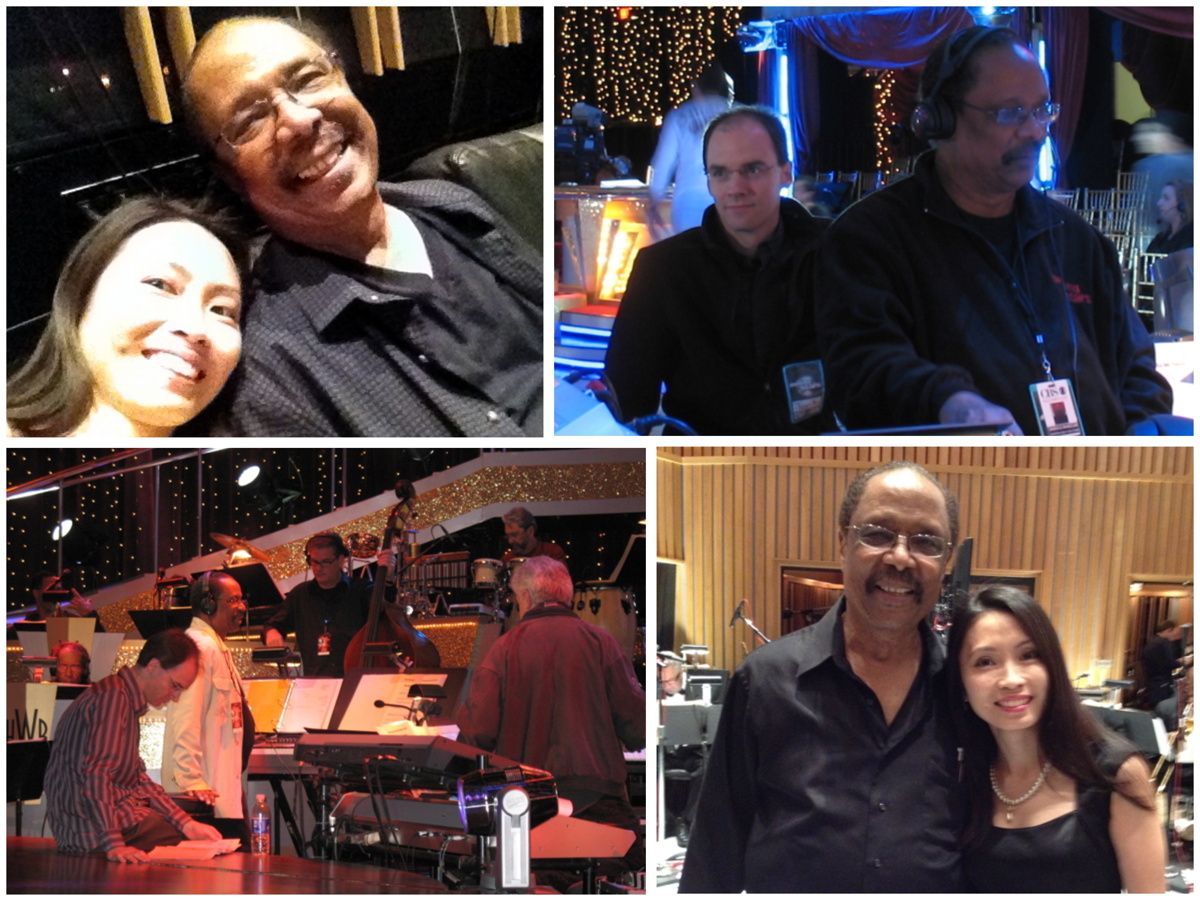Four photos of Harold Wheeler with Danita Ng-Poss and Jason Poss. Top left: Close up of Danita & Harold sitting on a sofa in the recording studio. Their heads are close together and they are smiling while looking up at the camera. Top Right: Harold Wheeler playing a musical keyboard in the pit at Dancing With the Stars. Jason Poss is seated directly behind him. The studio behind is filled with lights and bunting. The audience chairs are empty, showing that this is during rehearsal. Lower Left: Jason Poss sits on the front of the Dancing With the Stars stage looking at some music. Behind him in the orchestra pit is Harold Wheeler, Trey Henry (bass), Tom Ranier (keyboards), Luis Conte (percussion), and Greg Porree (guitar). Bottom Right: Danita and Harold standing close together in the studio at Capitol Records during the Oscars. They are smiling directly at the camera, and are dressed in concert black.
